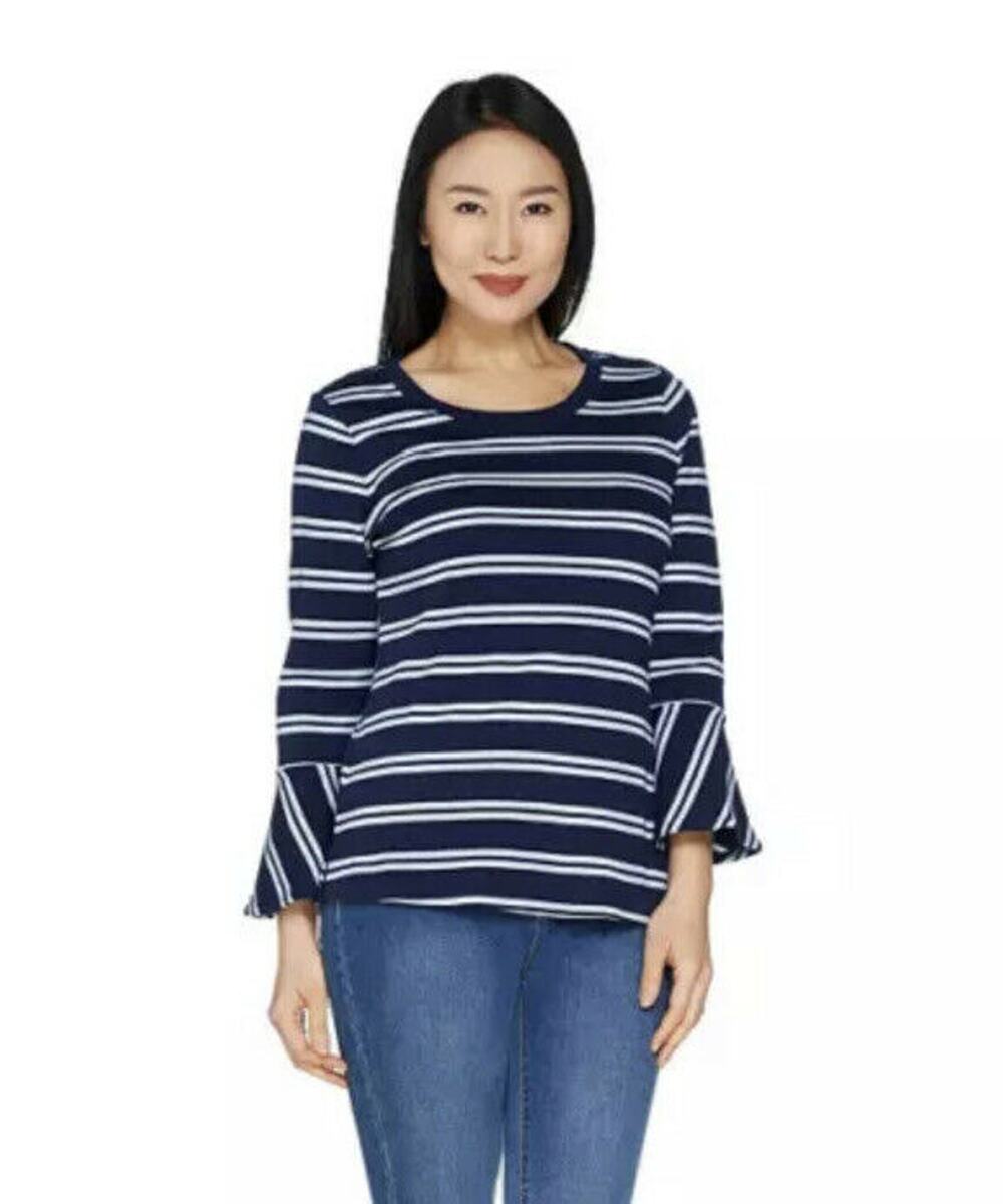 Isaac Mizarahi Womens Knit Top XS Blue Stripe Bell Sleeve NWOT